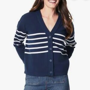 NEW W Tags SPANX air essentials cardigan in mid navy porcelain stripe Sz XL